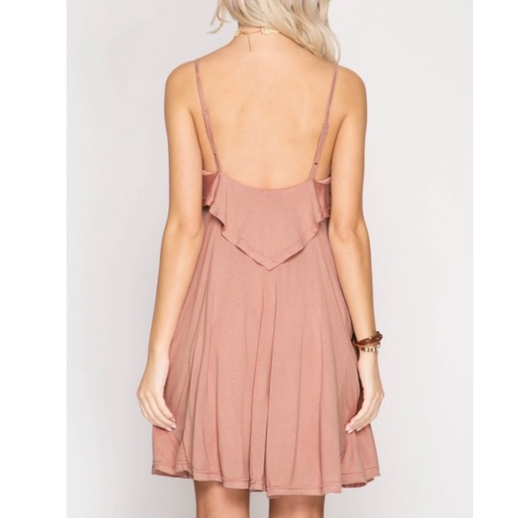 Dusty Rose Layered Ruffle Cami Dress with Spaghetti Straps - Picture 4 of 11